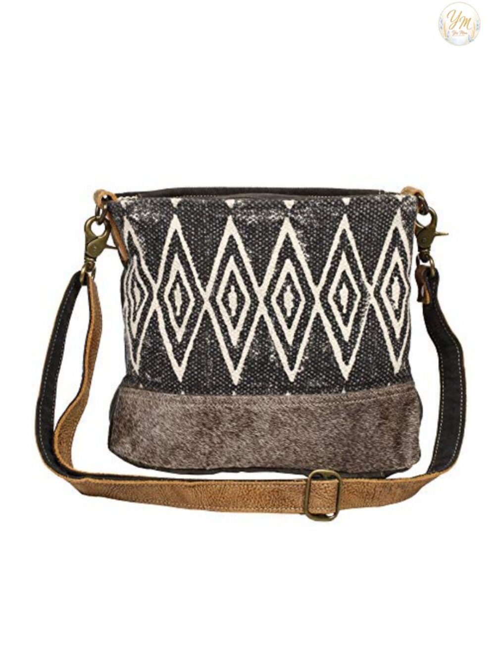Boho Aztec Canvas Shoulder Bag with Leather Detailing, Handcrafted Purse for